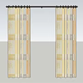 Yellow Beige Gray Orange Striped Square Pattern Fabric Curtains with Black Curtain Rod