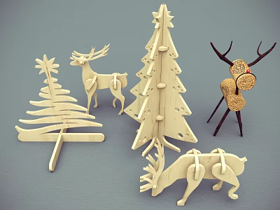 Festive Handmade Wooden Decorative Furniture With Christmas Tree Shapes And Deer Ornaments 3d model