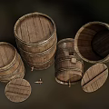 Vintage Wooden Barrels With Upright And Overturned Positions And Wooden Lids