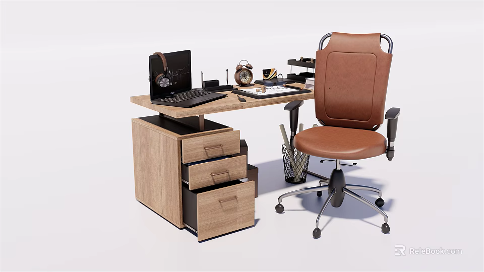 Wooden Office Desk With Drawers Laptop Alarm Clock Coffee Mug Desk Lamp And Brown Chair 3d model 