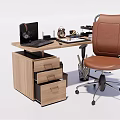 Wooden Office Desk With Drawers Laptop Alarm Clock Coffee Mug Desk Lamp And Brown Chair