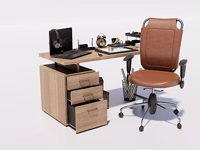 Wooden Office Desk With Drawers Laptop Alarm Clock Coffee Mug Desk Lamp And Brown Chair 3d model