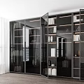 Modern Black Display Cabinet With Glass Doors Open Shelves Lighting Books And Decorations