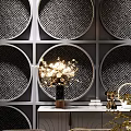 Luxurious Private Dining Room Interior With Round Table Gray Chairs Chandelier And Decorative Wall