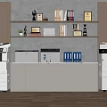 Office Workspace With Printers File Cabinets And Shelves Holding Trophies Binders