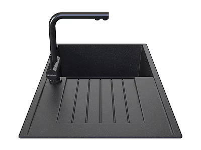 Black Quartz Kitchen Sink With Integrated Striped Drainboard And Modern Faucet 3d model