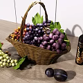 Fresh Assorted Fruits With Purple Green Red Grapes And Plums In Woven Basket On Table
