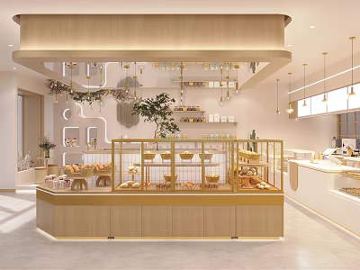 Cozy Dessert Shop Interior With Wooden Decor Glass Display Cases And Fresh Pastries 3d model