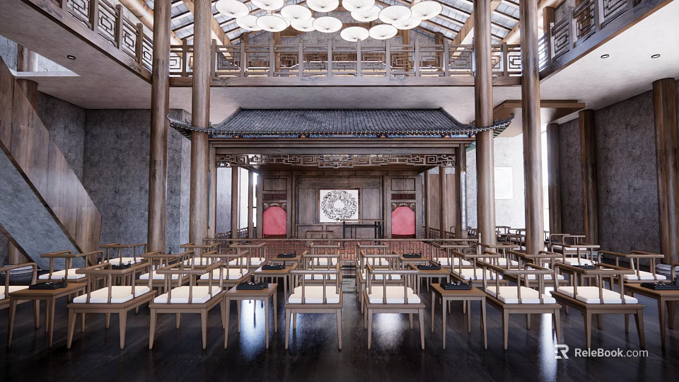 Ancient Chinese Architecture Hall Interior With Traditional Wooden Beams Red Screens And Arranged Chairs 3d model 