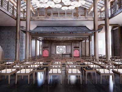 Ancient Chinese Architecture Hall Interior With Traditional Wooden Beams Red Screens And Arranged Chairs 3d model