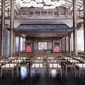 Ancient Chinese Architecture Hall Interior With Traditional Wooden Beams Red Screens And Arranged Chairs