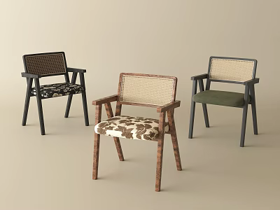 Modern Leisure Accent Chairs With Rattan Backrest And Patterned Fabric Seats 3d model