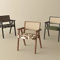 Modern Leisure Accent Chairs With Rattan Backrest And Patterned Fabric Seats