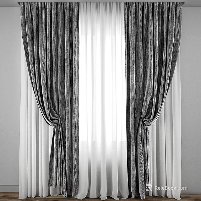 Gray Thick Curtains With Sheer Layers Tied Open For Natural Light 3d model 