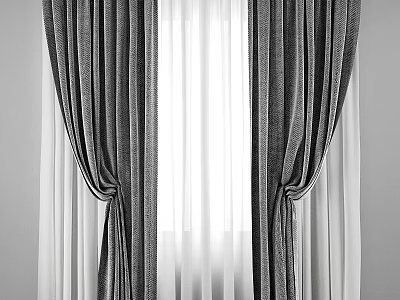 Gray Thick Curtains With Sheer Layers Tied Open For Natural Light 3d model