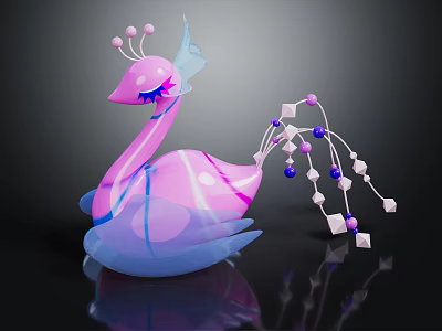 Vibrant Peacock Shaped Doll in Pink and Blue with Decorative Tail Cubes and Beads 3d model