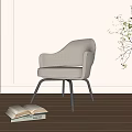 Modern Light Colored Dining Chair with Armrests Black Metal Legs Open Book Green Plant Wooden Floor