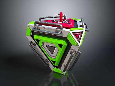 Green And Silver Mechanical Device With Red Button Geometric Design And Metal Structure 3d model