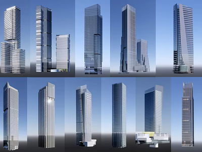 Modern High Rise Office Buildings With Glass Curtain Walls From Various Angles 3d model