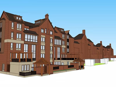 Traditional Red Brick Terraced Buildings With Multiple Units Windows And Gabled Roofs 3d model