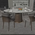 Elegant Round Dining Table Set With Marble Top Brown White Chairs Wine Cabinet Tableware 3d model