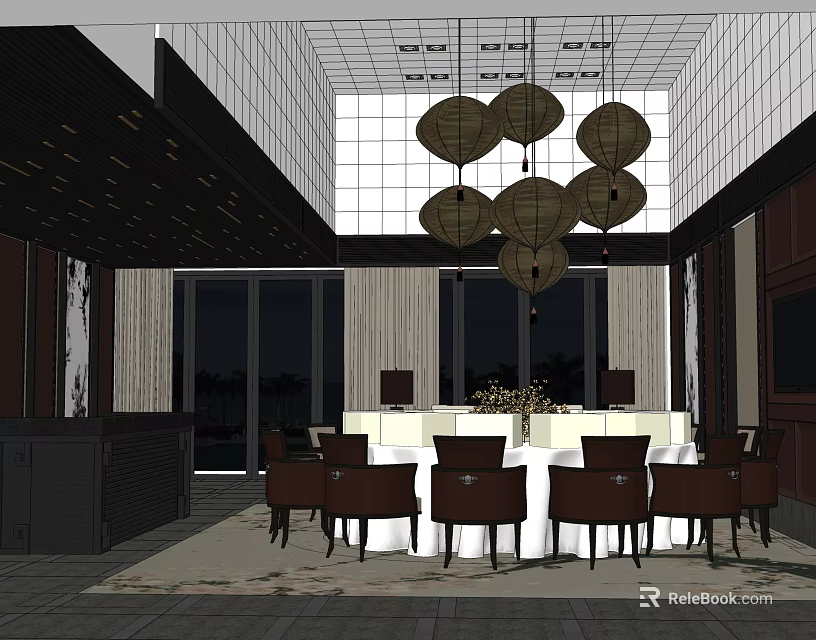 Modern Private Dining Room Interior With Round Dining Table Leather Chairs And Large Windows 3d model