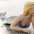 Game and Movie Character Blonde Mermaid with Blue Bikini Top Lying on Beach