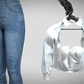 White Shirt With Black Patent Leather Corset And Blue Jeans Holding White Undergarment