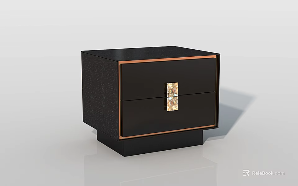 Modern Black Nightstand With Two Drawers Gold Accents And Wood Grain Surface 3d model 