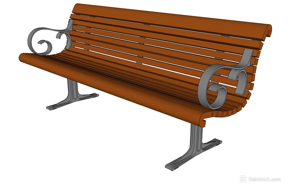 Outdoor Wooden Slat Landscape Bench With Decorative Curved Metal Armrests 3d model 
