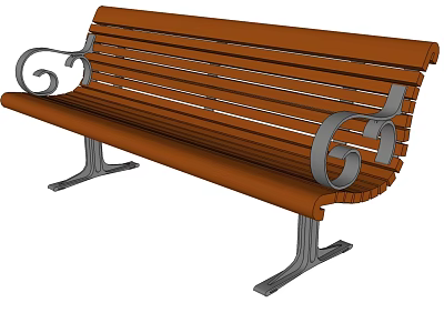 Outdoor Wooden Slat Landscape Bench With Decorative Curved Metal Armrests 3d model