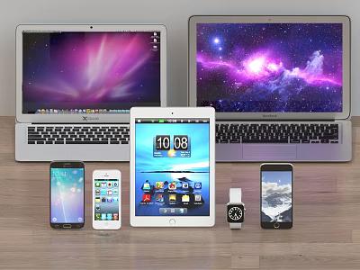 Laptops Tablet Smartphones And Smartwatch With Colorful Screen Displays And Wallpapers 3d model