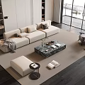 Modern Sofa And Coffee Table Set In Living Room With Beige Upholstery And Marble Top