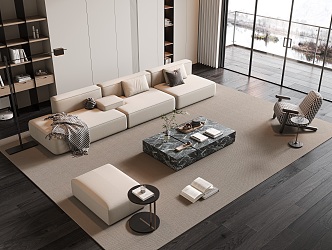 Modern Sofa Coffee Table Combination Multi-person Sofa Straight Row Sofa Coffee Table Single Casual Chair Carpet Side Table Jewelry Ornaments 3d model