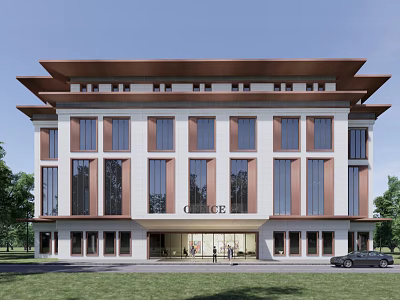 Modern Office Building With White Exterior Brown Layered Roof Large Glass Windows Green Lawn And Trees 3d model