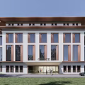 Modern Office Building With White Exterior Brown Layered Roof Large Glass Windows Green Lawn And Trees