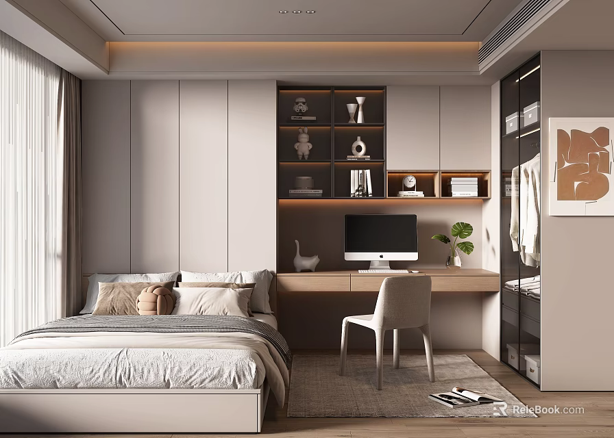 Modern Tatami Bedroom Interior With Bed Desk Computer Decorative Shelves And Curtains 3d model 