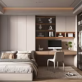 Modern Tatami Bedroom Interior With Bed Desk Computer Decorative Shelves And Curtains