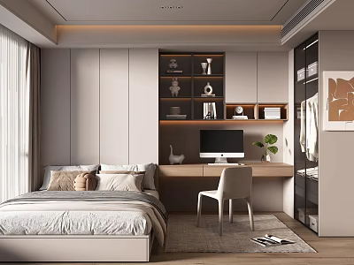 Modern Tatami Bedroom Interior With Bed Desk Computer Decorative Shelves And Curtains 3d model