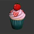 Delicious Cupcake With Pink Frosting Whole Strawberry And Sliced Strawberry On Teal Paper Cup