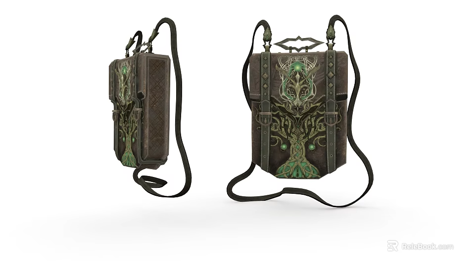 Vintage Brown Leather Bag With Green Tree Pattern And Shoulder Strap 3d model 