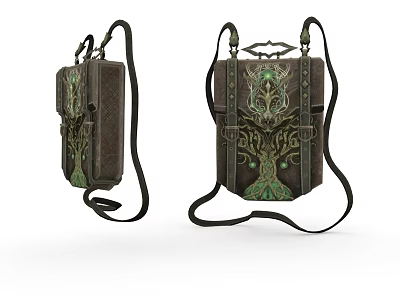 Vintage Brown Leather Bag With Green Tree Pattern And Shoulder Strap 3d model