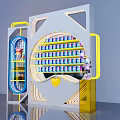 Modern Display Installation With Yellow Blue Frames Small Toys And Robot Model 3d model