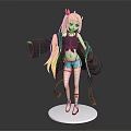 Anime Style 3D Character Model With Horns Long Golden Hair Purple Top And Blue Shorts