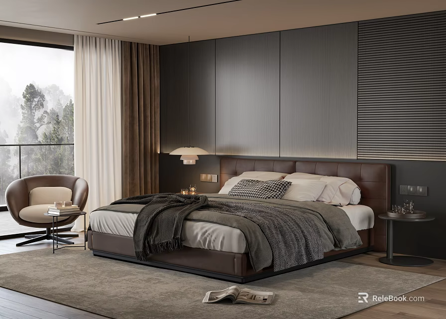 Modern Bedroom Interior With Large Bed Nightstand Armchair And Soft Rug 3d model 