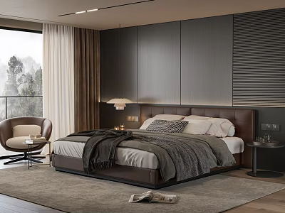 Modern Bedroom Interior With Large Bed Nightstand Armchair And Soft Rug 3d model
