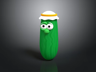 Cartoon Green Cucumber Character with White Hat Yellow Rim Big Eyes and Small Nose 3d model