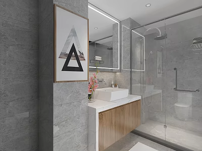 Modern Minimalist Grey Marble Bathroom With Wooden Vanity Backlit Mirror And Clear Glass Shower Enclosure 3d model