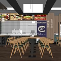 Modern Chinese Noodle Restaurant Interior With Open Kitchen Wooden Tables And Menu Posters