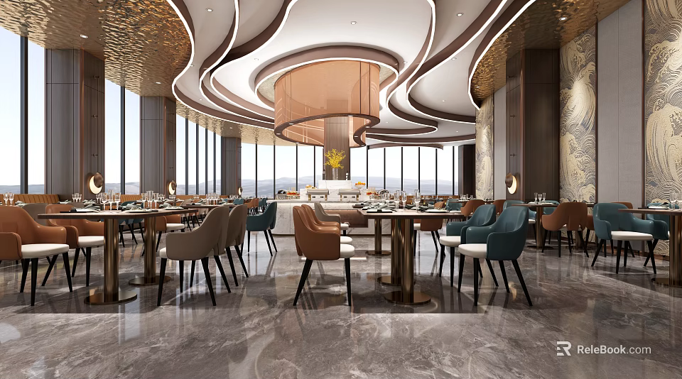 Luxury Modern Restaurant Interior With Marble Flooring Circular Chandelier Large Windows Open Layout Dining Tables Chairs 3d model 